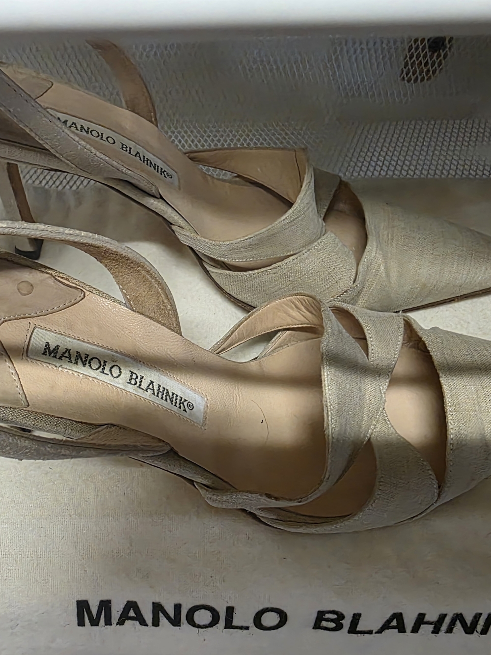Manolo Blahnik Neutral Linen Crisscross Slingback Heels